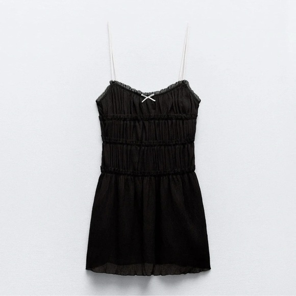 ZARA LITTLE BOW BLACK TEXTURED DRESS - Picture 4 of 6